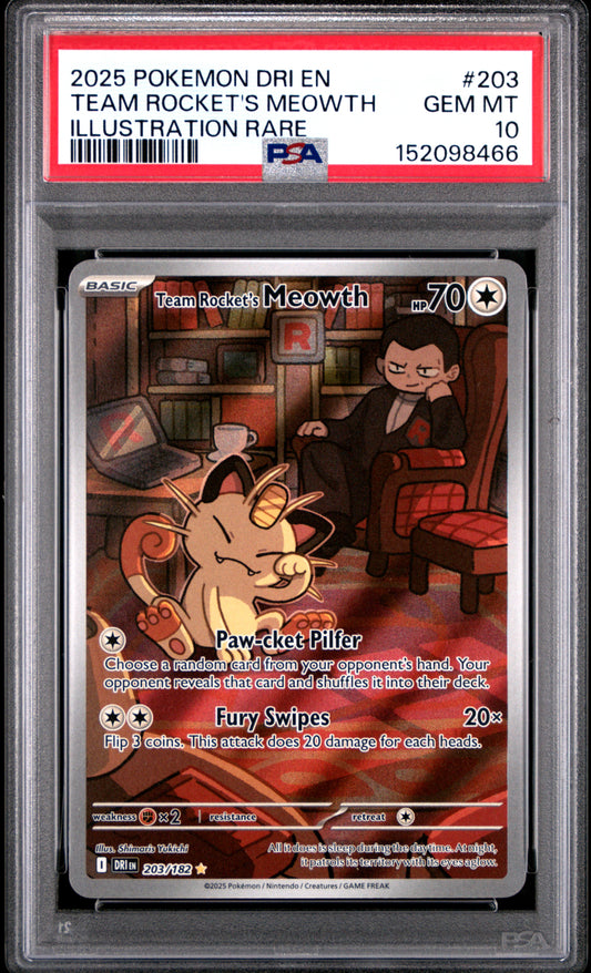Pokemon Destined Rivals Team Rocket's Meowth 203 PSA 10